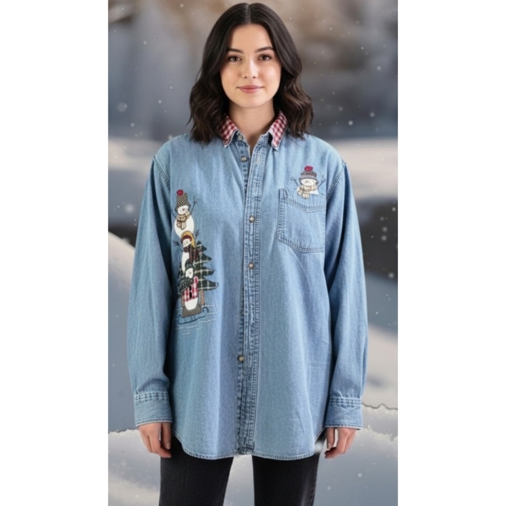 Faded glory Handmade Snowmen graphic Denim Button down shirt Light wash Size L